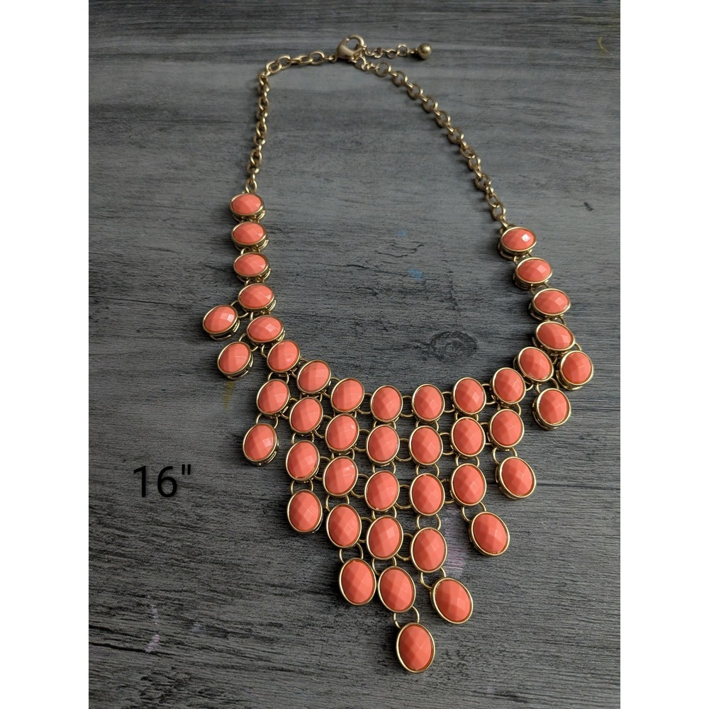 Coral Pink Gold Tone Bib Statement Necklace Oval Faux Stone Tiered 16 Inch